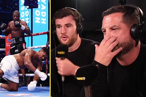 Spencer Oliver visibly gutted as he watches Anthony Joshua’s stunning KO defeat to Daniel Dubois while doing live commentary for talkSPORT