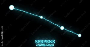 Serpens constellation. Light rays, laser light shining blue color. Stars in the night sky. Cluster of stars and galaxies. Horizontal composition, 4k video quality