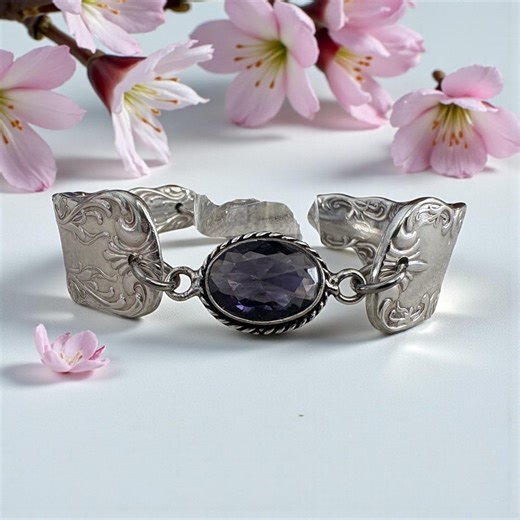 Amethyst Spoon Bracelet: Handmade Silver Plated Jewelry - Etsy