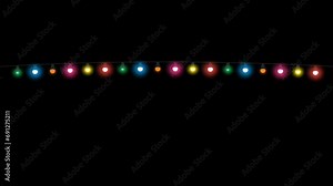 Colorful decorative light bulb string with flashing lights blinking animation with black background and copy space