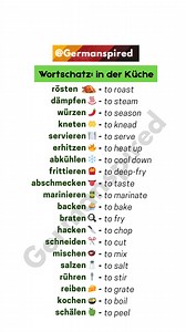 This full list of 20 cooking-related verbs in German is ideal for learners, chefs, or anyone reading recipes in German. All verbs are in their infinitive form. #learngerman #deutschlernen #germanlanguage #deutschkurs #german #deutsch #languagelearning #germanlearning #studygerman #germancourse #GermanVocabulary #LanguageLearning | Germanspired