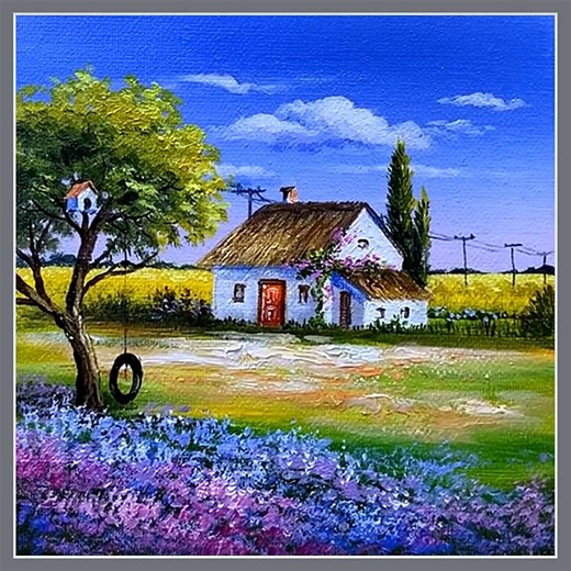 House Countryside Acrylic Painting Color used : White, Violet, Blue, Medium yellow, Deep yellow, Sap green, Olive green, Raw umber, Yellow ochre, Orange, Red, Rose, Black IG : @eldrawingarts #art #artist #artwork #acrylic #painting #eldrawingarts #acrylicpainting #landscapepainting | El Drawing Arts