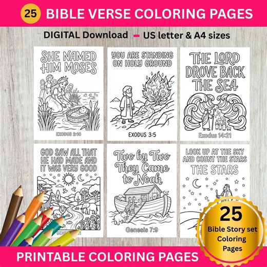 25 Bible Story Verse Coloring Pages for Kids, Printable Christian Coloring Sheets Bundle, Sunday School Church, Homeschool Activity - Etsy