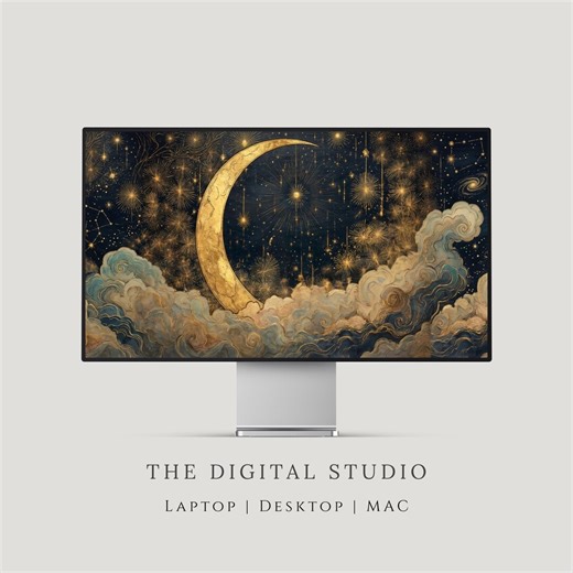 Celestial Moon Desktop Wallpaper, Vintage Night Sky, Aesthetic Gold Crescent Moon and Stars Whimsical Background (desktop, Laptop & Macbook) - Etsy