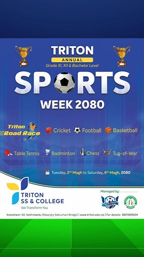 31 reactions | Triton Annual Sports Week 2080 for Grade XI, XII & Bachelor level. #TritonCollege #Tritonsscollege #Tritonsportsclub #TritonYoungManagersClub #AnnualSportsWeek2080 #TritonECAandSports #tritonintracollegecompetition #WeTransformYou #DVEducation | Triton SS & College | Facebook