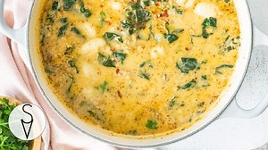 This Vegan Sausage, Kale & Gnocchi Soup is extremely simple but also totally comforting. It also makes the best leftovers! Get the full recipe: https://www.thissavoryvegan.com/vegan-sausage-kale-gnocchi-soup/ #thissavoryvegan #vegansoup #gnocchirecipes | This Savory Vegan