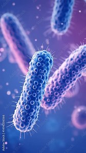 Close-up view of floating purple spherical cocci staphylococci bacteria in grape-like clusters under microscope Stock Video