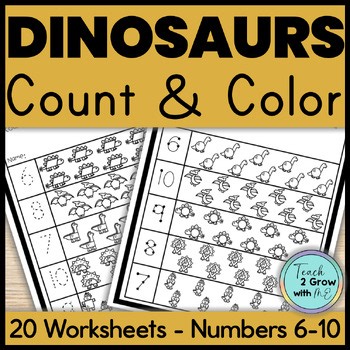 Dinosaur Number Sense Count & Color How Many 6-10 Counting Dinosaurs Worksheets