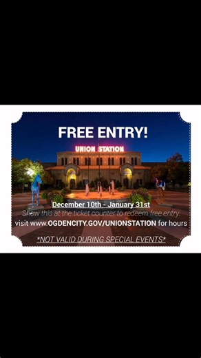 ✨ FREE ENTRY at Ogden Union Station! ✨ From December 10 – January 31, enjoy complimentary access to one of Ogden’s most iconic landmarks. 📍 Ogden, Utah – Union Station 🎟️ Show this post at the ticket counter to redeem your free entry. ⏰ Hours: www.ogdencity.gov/unionstation ⚠️ Offer not valid during special events 🖼️ What you’ll experience this season: • Utah, America’s Film Set: 100 Years of Utah Film & Television exhibition in the Myra Powell Gallery. • Union Station’s 1924 Time Capsule dis
