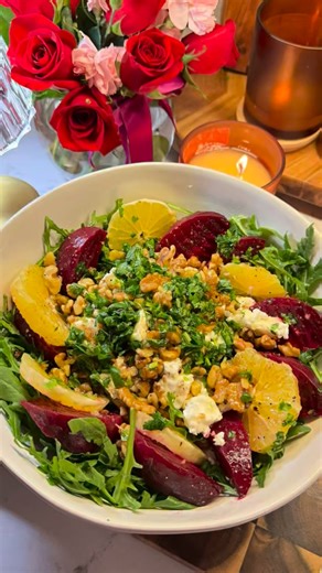 Love on a Plate: Roasted Beet & Citrus Valentine Salad A naturally pink, fresh, and elegant salad made for Valentine’s Day 💗 Roasted beets paired with juicy oranges, creamy feta, crunchy walnuts, and a sweet honey-orange vinaigrette — simple, beautiful, and full of love. Perfect for a romantic dinner or a cozy date at home ✨ Ingredients Roasted Beets • 2 small beets • 1 tbsp olive oil • Salt & black pepper Salad • arugula 3 oz • 2 oranges, sliced • ½ cup feta cheese, crumbled • ¼ cup toasted or