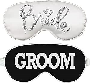 Bride & Groom Gifts - Set of 2 Honeymoon Sleep Masks (1) Bride Silver Diamond White Satin & (1) Groom Black Mask - Wedding Gifts for Couples Mask (BRD Wht/Grm Blk)