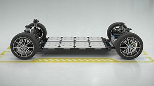 Technical turntable animation of an electric vehicle chassis with battery pack in exploded view. Realistic high quality 3d animation. Looping