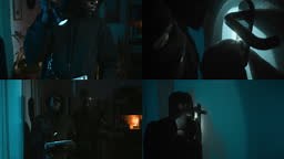 Split screen of two robbers picking lock trying to open door,...