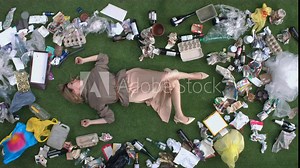 Young woman with apple among the trash. Top view. She bites the apple and throws it away. Stock Video