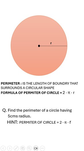 nextslide on Instagram: "The perimeter of a circle is called its circumference, and the formula is: \mathrm{Perimeter\ (Circumference)}=2\pi r=\pi D where r is the radius and D is the diameter. 🌐 Understanding the Formula - Radius-based formula: 2\pi r Multiply the radius by 2 (to get the diameter) and then by \pi . - Diameter-based formula: \pi D Directly multiply the diameter by \pi . Both formulas are equivalent since D=2r."