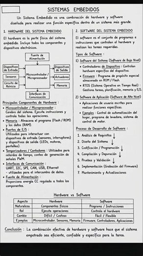 Un sistema embebido es simplemente la combinación de hardware y software diseñada para cumplir una función específica dentro de un sistema más grande. ​En la parte física tenemos el microcontrolador como cerebro, memorias, puertos E/S, temporizadores y las interfaces de comunicación típicas como UART, I2C, SPI o CAN. ​Por el lado del software, se divide en bajo nivel (drivers, firmware y RTOS para gestionar tareas en tiempo real) y la lógica de aplicación que corre sobre ellos. ​El flujo de trab