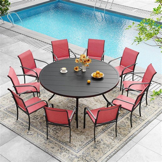 Check The Home Depot's Q&A Before Buying: DIFY 11-Piece Patio Dining Set with 60 in. Black Metal Round Table and 10-Red Stackable Chairs for Backyard, Garden