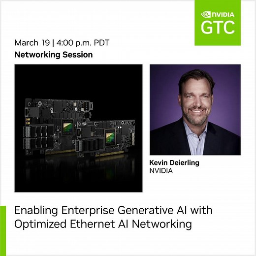 30 reactions | Enterprises need accelerated #networking infrastructure that can support the performance and efficiency levels of AI workloads. Join Kevin Deierling at NVIDIA #GTC24 to explore the modern architecture designed to accelerate Ethernet networking for AI, powered by NVIDIA BlueField. Register now: https://nvda.ws/3ws9zkf | NVIDIA Networking | Facebook