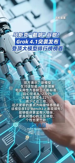 Elon Musk's #xAI launched #Grok 4.1 and Grok 4.1 Thinking. Grok 4.1, which achieved a win rate of almost 65% versus the previous Grok model, took the top two spots on LMArena's Text Arena leaderboard. | Beijing Business Today