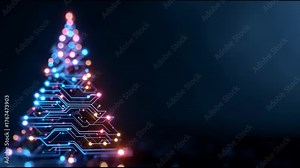 Futuristic christmas tree from digital circuit board with festive glowing light. modern holiday technology concept for joyful celebration