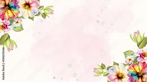 Watercolor beautiful floral bloom animation of colorful flowers banner. Animated 4K blooming flowers background frame loop.