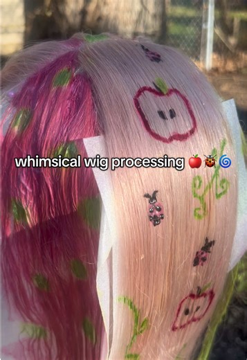 🍎🐞🌀💗💕🌱 whimsical hair color with free handed designs 💕 Get ready for the final reveal after it’s washed 💕🍎 #hairart #wigs #alternativehairstylist #clevelandhairstylist #ohiohairstylist