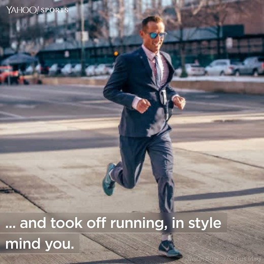 597K views · 1.2K reactions | This man ran a half marathon in a business suit ... all for a free dark and stormy. | Yahoo Sports | Facebook