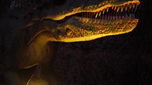 Closeup of giant irritator dinosaurus with sharp teeth