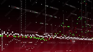 3D animation of financial graph with figures and moving marks showing economic growth and decline on red background