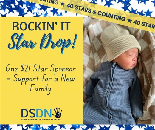 Meet Calvin! 💛💙 Expectant and new families often find DSDN in the earliest, hardest days after a Down syndrome diagnosis — and your support makes sure they never feel alone. We’ve already sponsored 40 stars. Each $21 star means one more family welcomed, supported, and connected. Sponsor one star ($21), a constellation (10 for $180), or become a Shooting Star donor (20 for $321). On November 1, we’ll celebrate with our Rockin’ It Star Drop — pulling winners for fun prizes (including a Rockin’ R