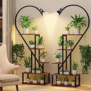 CODACE 5 Tier Metal Plant Stand Indoor - Half Heart Shaped Plant Shelf Rack Flower Stand with Grow Lights - Multi Planter Display Stand Decor, Living Room, Balcony and Patio(Set of 2), Rustic Brown