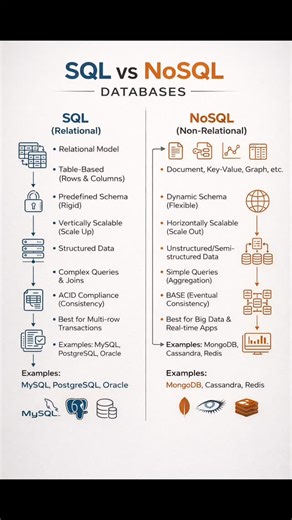 Kajal Yadav on Instagram: "🎥 SQL vs NoSQL Databases – Explained Simply 📊 Choosing the right database is crucial for building scalable and reliable applications. This video breaks down the key differences between SQL and NoSQL databases to help you decide what fits your project best. 🔹 SQL (Relational Databases) 📁 Structured, table-based data 🔒 Strong ACID compliance 📐 Fixed schema 📈 Best for complex queries & transactions ⚙️ Ideal for financial systems, ERP, and enterprise apps 🔸 NoSQL (