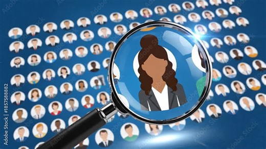 P344-Magnifying glass looking for people on blue background. Searching candidates for employment in the l 4K 10s