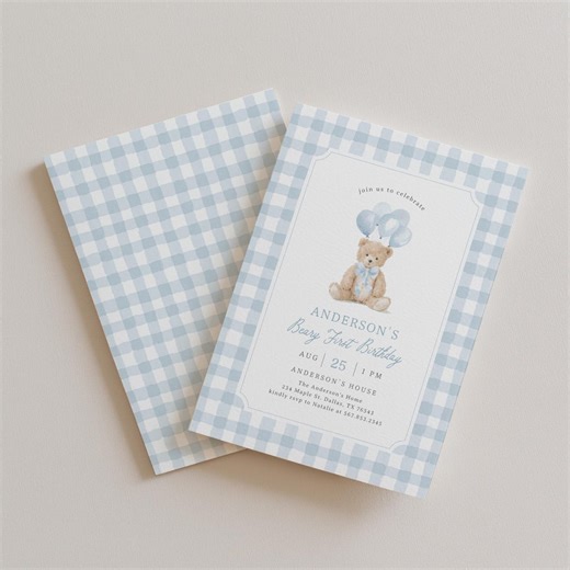 Beary First Birthday Invitation Template, Editable Blue Gingham Teddy Bear Boy 1st Birthday Invite - Etsy