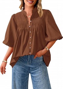 PRETTYGARDEN Women's Summer Short Lantern Sleeve Tops Loose Fit Button Down Shirt Casual Pleated V Neck Blouses