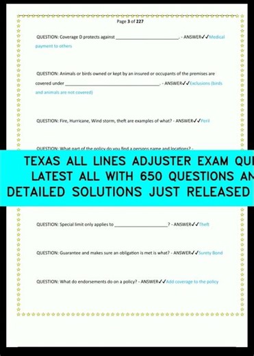 TEXAS ALL LINES ADJUSTER EXAM QUESTION BANK LATEST ALL WITH 650 QUESTIONS AND CORRECT DETAILED SOLUT