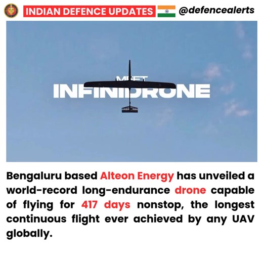 8.9K views · 411 reactions | Bengaluru based Alteon Energy has unveiled a world-record long-endurance drone capable of flying for 417 days nonstop, the longest continuous flight ever achieved by any UAV globally. | Indian Defence Updates | Facebook