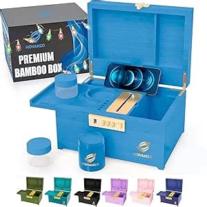 HOVANZO Upgraded Premium Large Bamboo Box - Locking Storage Decorative Box with Combination Lock - Wood Kit with lid - Wooden Locking Storage with Removable Tray and Jars