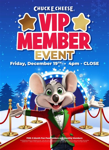 Chuck E. Cheese on Instagram: "VIP Member Night is almost here! 🎉 Join us on December 19 for extra-special fun, games and memories just for our members. Check your CEC app for more details the day before the event!"