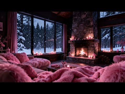 🎀❄️ Pink Winter Fireplace Ambience 🤍 Cozy Snowfall + Wind Sounds at Night 🔥