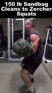 150 lb Sandbag Cleans to Zercher Squats - this is fun explosive brute force training that gives you some of the power-building benefits of Olympic lifting but with almost none of the technical expertise. Basically, I'm doing a clean from the floor with the dead weight of a sandbag. You have to heave it up high enough (via legs, back, arms, shoulders, posterior chain, etc) to very quickly get your arms underneath the bag. Then stand up in a Zercher Squat. Then drop the bag on the ground and go ag