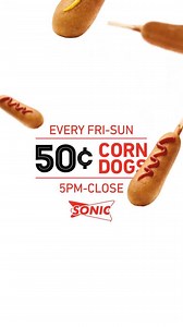 46K views · 797 reactions | Time to start making it rain—Corn Dogs, that is. Stop into SONIC and enjoy 50¢ Corn Dogs Fri–Sun, 5pm–Close ALL MONTH LONG. Be sure and top off your meal with a refreshing, ice-cold Vanilla Lime Coke. Each Corn Dog is 50¢. Tax not included. Add-Ons cost extra. Not good in conjunction with any other offers. Offer good only Friday-Sunday for a limited time while supplies last at participating SONIC® Drive-Ins. | Sonic Drive-In | Facebook