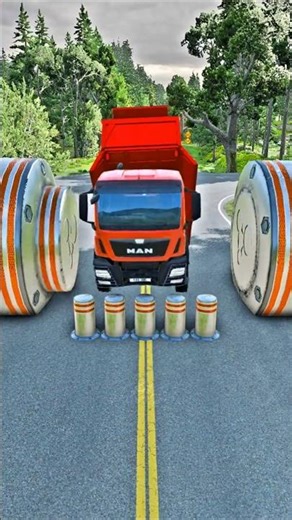 Mixed Colour Long City Buses & Dump Truck & Concrete Truck vs Bollards Crash - BeamNG.Drive