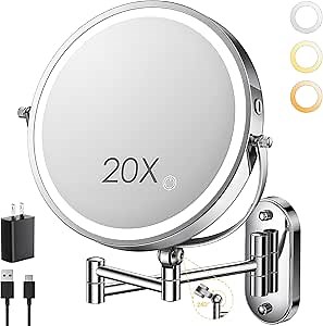 9" Wall Mounted Lighted Makeup Mirror,4000mAh Rechargeable Double Sided 1X/20X Magnifying Mirror with Light,Touch Dimmable,Extended Arm 360 Rotation Wall Mounted Makeup Mirror 3 Color Lights