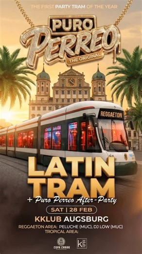 Copa Caribe on Instagram: "—————————————————————————— 🇩🇪 Deutschlands einzige Reggaeton-Tram ist zurück! 🚋💃🏽🕺🏽 Am 28. Februar verwandelt Copa Caribe Augsburg erneut eine komplette Tram in den heißesten fahrenden Club des Landes. Ein Event, das es nur ein einziges Mal in ganz Deutschland gibt! ✨ Was dich erwartet: 🚋 Eine komplette Tram als Club 🎶 DJ live an Bord 🔊 Fette Soundanlage & Partylichter 🍹 Bar mit allem, was dein Herz begehrt ⏳ 2,5 Stunden Party quer durch Augsburg 📍 Start: T