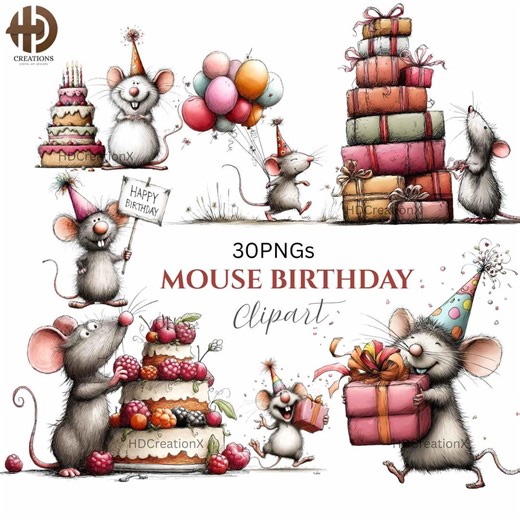30 PNG Watercolor Mouse Birthday Clipart Bundle | Cute Party Mice PNG | Kids Birthday Graphics, Transparent Background - Etsy