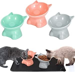 3 Pcs Elevated Cat Bowls 15° Raised Cat Food Bowl with Silicone Pet Food Mat Anti Vomiting Cats Dishes Pet Food and Water Bowls for Indoor Cats and Small Dogs(3 Colors)