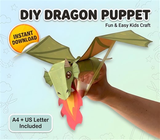 DIY Paper Dragon Puppet Template, Printable Dragon Craft Kit for Kids, Digital Download PDF Dragon Puppet Pattern, Hand Puppet Paper Toy - Etsy