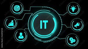 IT consultant presenting tag cloud about information technology. A sleek and modern representation of Information Technology (IT), showcasing elements such as servers, cloud storage