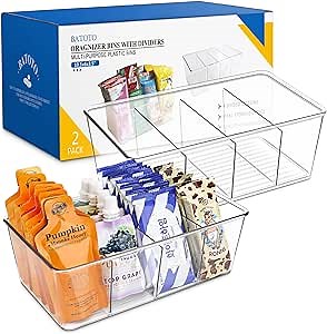 Batoto Pantry Organization and Storage Bins, Refrigerator Organizer Bins – Clear, Kitchen Organization and Storage with Dividers (2 Pack)